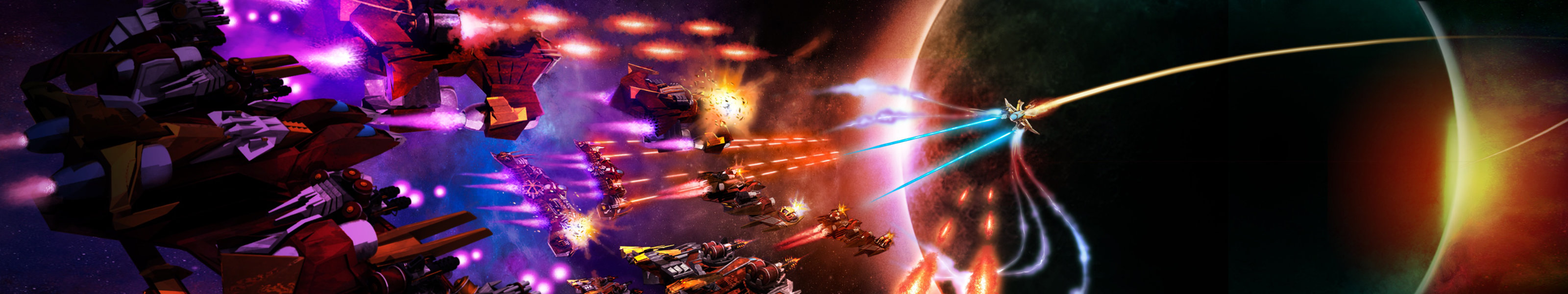 A lonely Phoenix ship faces an incoming armada of enemy Invaders. A planet is in the background, eclipsing the sun behind it.